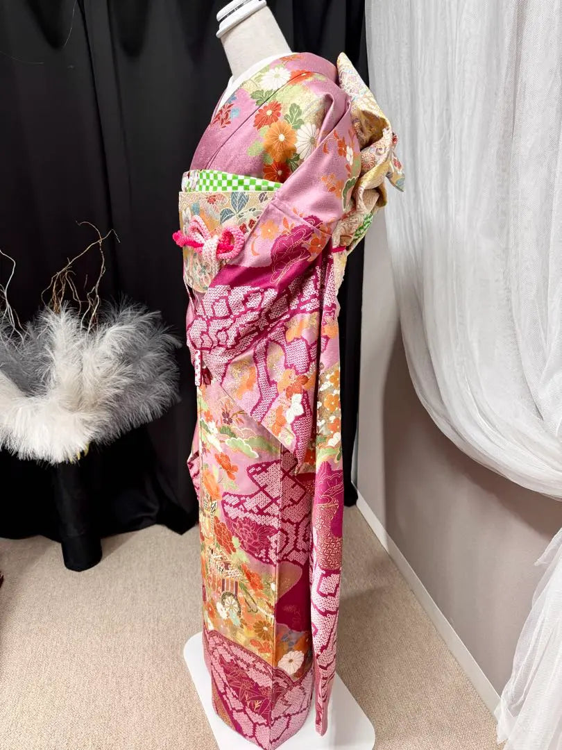 Luxurious, gorgeous, pure silk furisode set, tall size, sleeve length 70.5cm, around 168cm