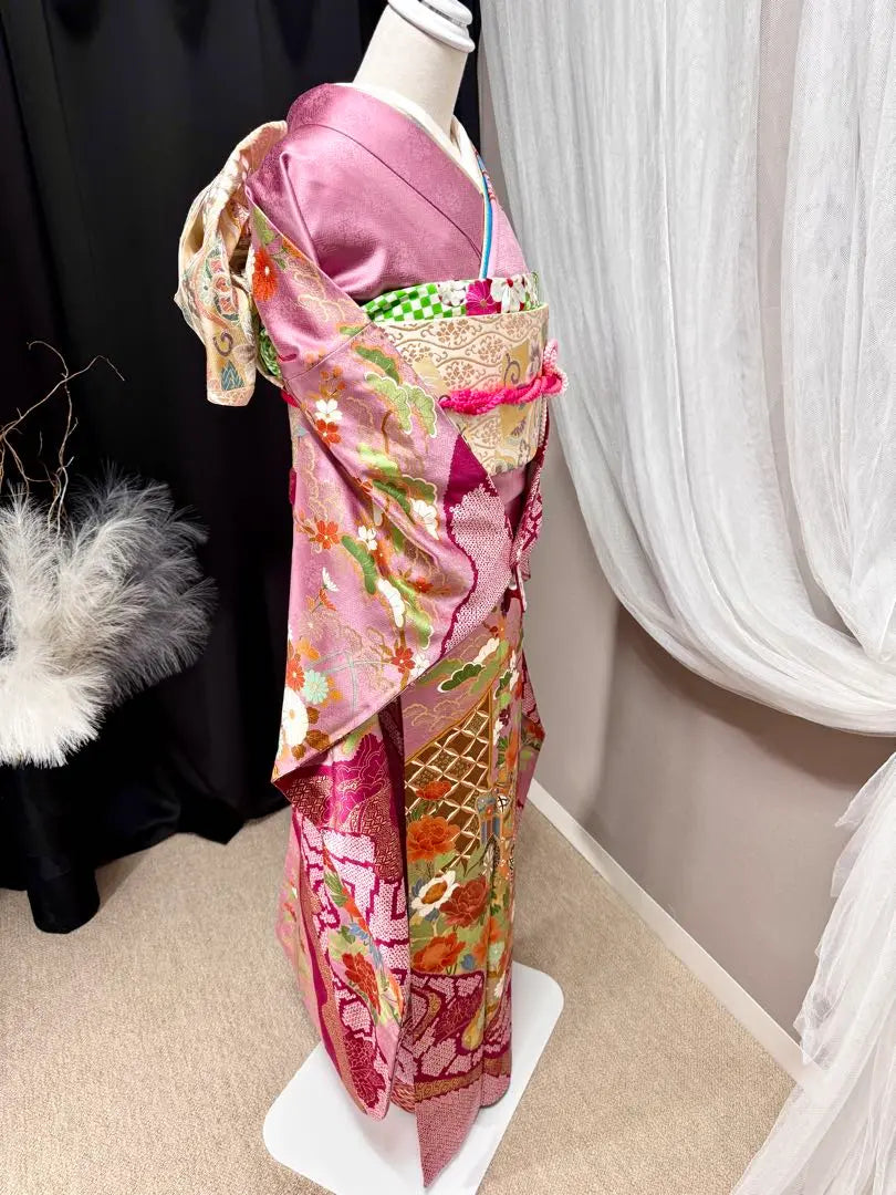 Luxurious, gorgeous, pure silk furisode set, tall size, sleeve length 70.5cm, around 168cm