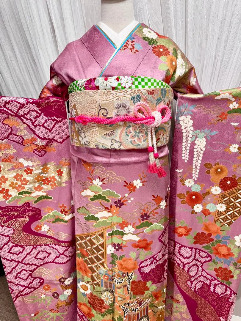 Luxurious, gorgeous, pure silk furisode set, tall size, sleeve length 70.5cm, around 168cm