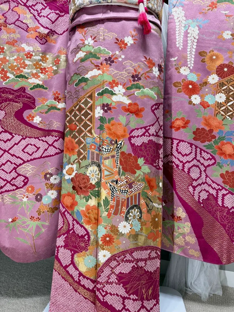 Luxurious, gorgeous, pure silk furisode set, tall size, sleeve length 70.5cm, around 168cm