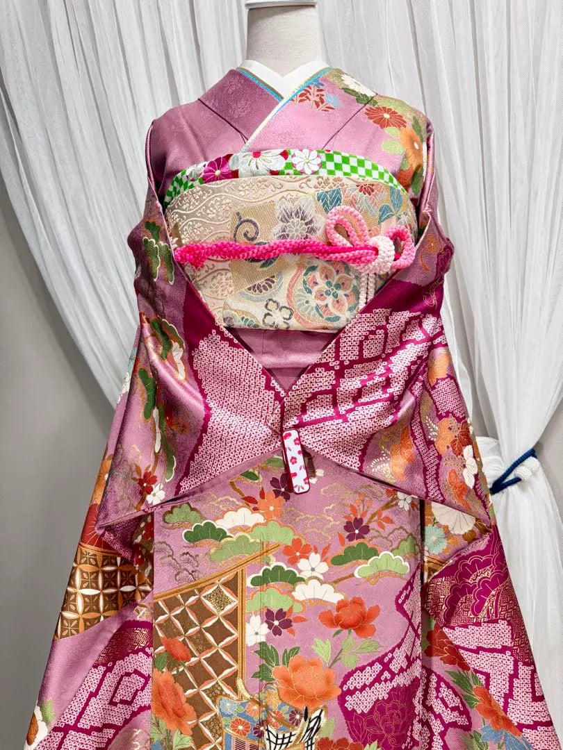 Luxurious, gorgeous, pure silk furisode set, tall size, sleeve length 70.5cm, around 168cm