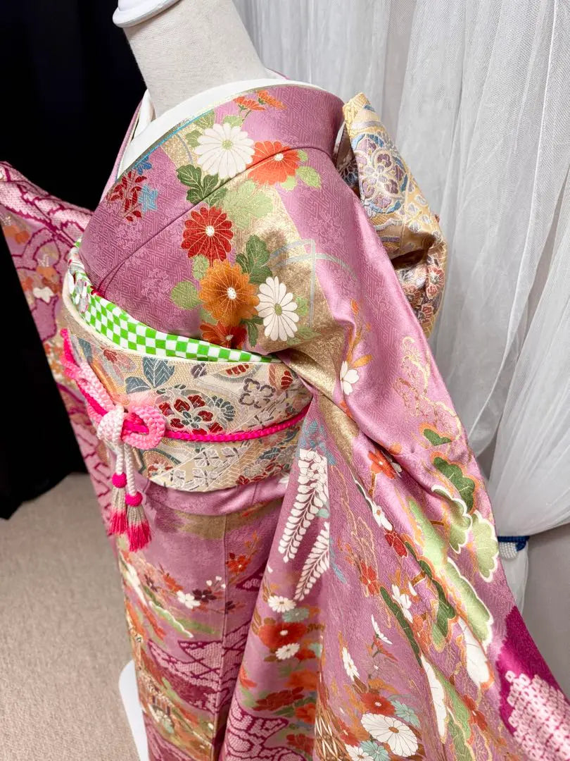 Luxurious, gorgeous, pure silk furisode set, tall size, sleeve length 70.5cm, around 168cm