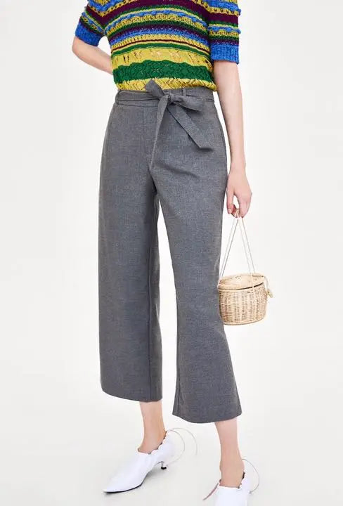 Nuevo☆ZARA Pantalón culotte cropped con cinturón S Gris