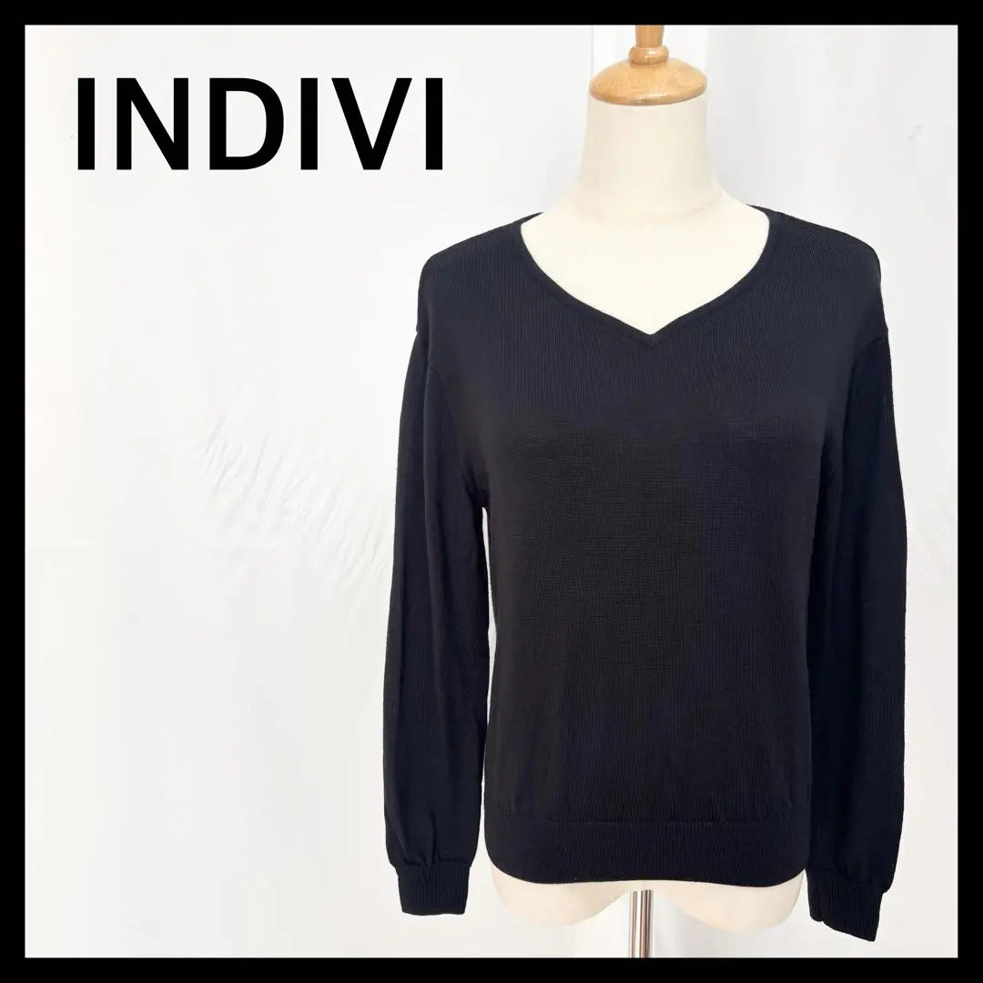 [Good condition] Indivi Long Sleeve Knit Sweater V-neck Wool Black M | 【美品】インディヴィ 長袖 ニットセーター Vネック ウール ブラック M