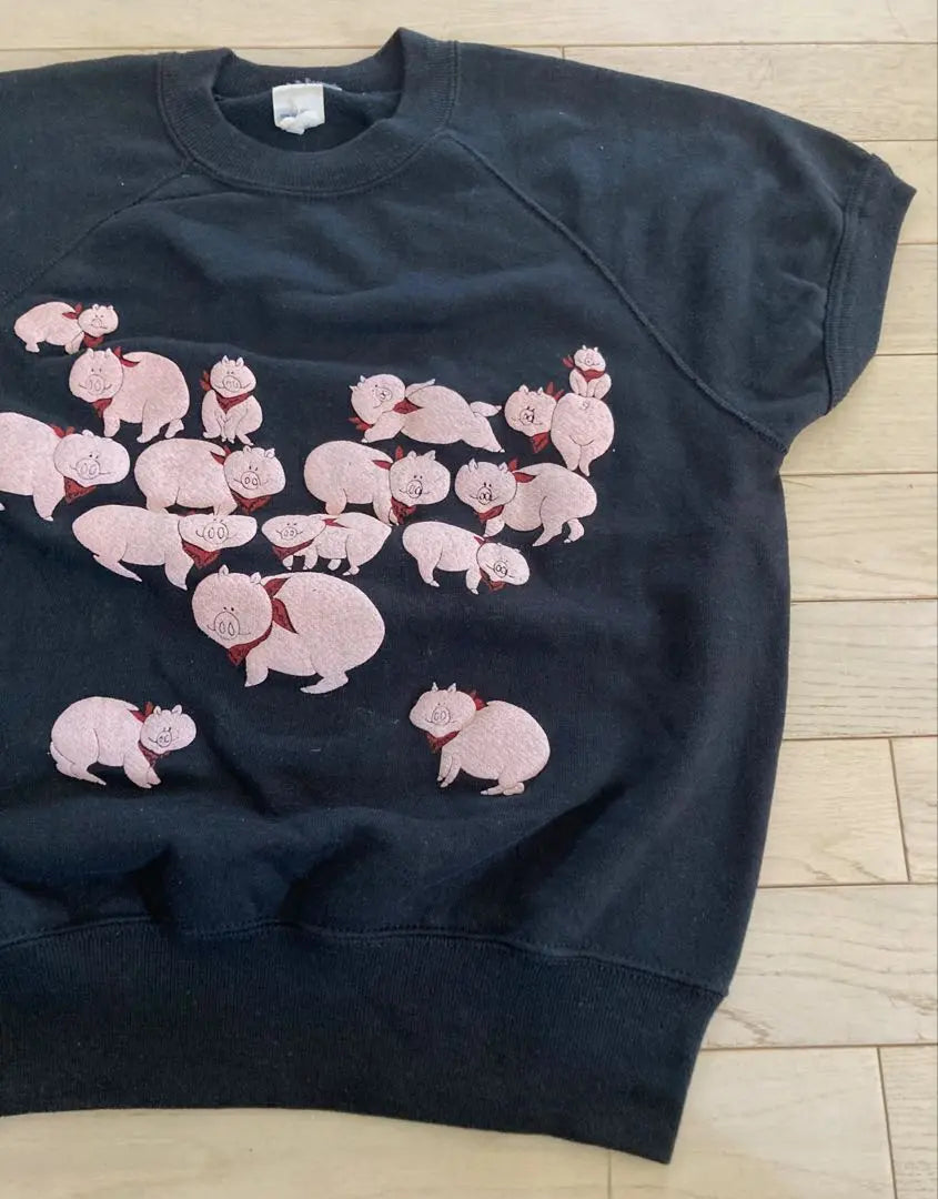 90's Vintage★Pig Illustration★Short-sleeved sweatshirt Made in USA