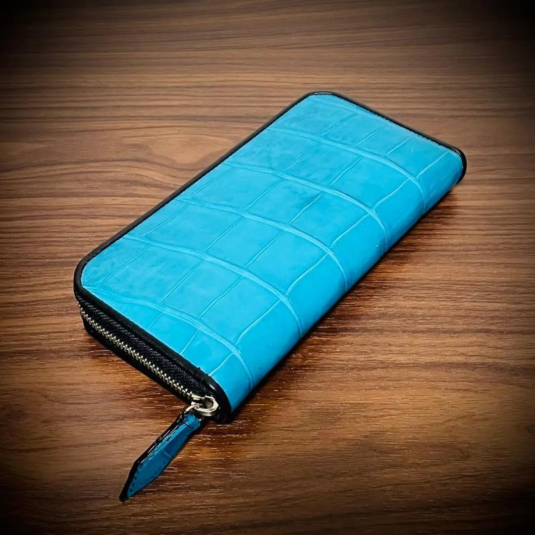 Cartera larga de cocodrilo brillante con certificado, gran capacidad, color turquesa. Fotografía ①