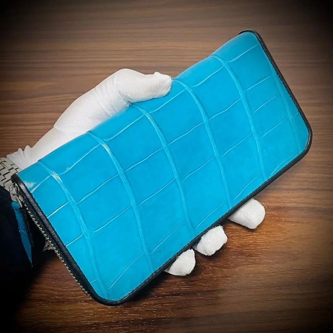 Cartera larga de cocodrilo brillante con certificado, gran capacidad, color turquesa. Fotografía ①