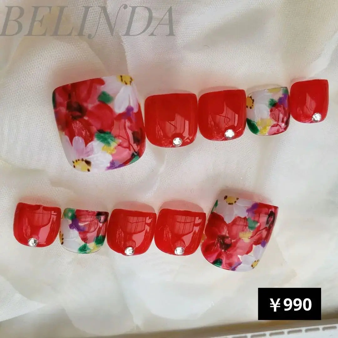 Red Red Flower Pattern Flower Adult Cute Office Fut Nail Chip attached Claws | レッド 赤 花柄 フラワー 大人可愛い オフィス フットネイルチップ つけ爪