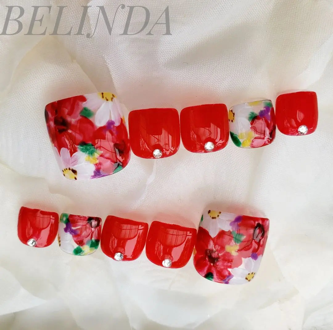 Red Red Flower Pattern Flower Adult Cute Office Fut Nail Chip attached Claws | レッド 赤 花柄 フラワー 大人可愛い オフィス フットネイルチップ つけ爪