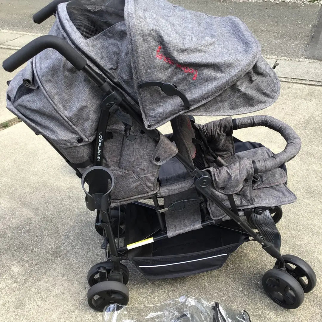 kinderwagon 2-seater stroller, grey, with storage bag