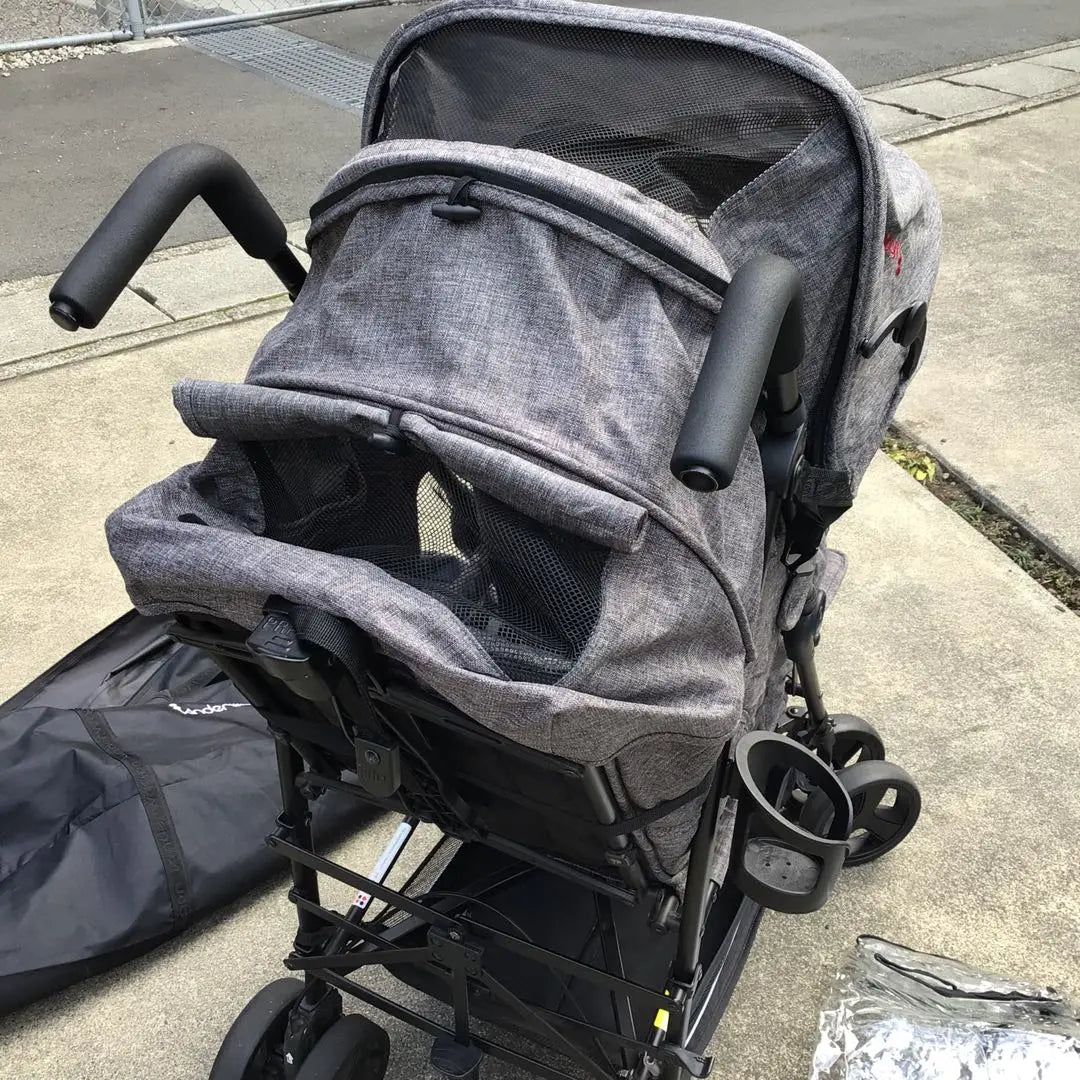 Cochecito de 2 plazas kinderwagon, gris, con bolsa de almacenamiento