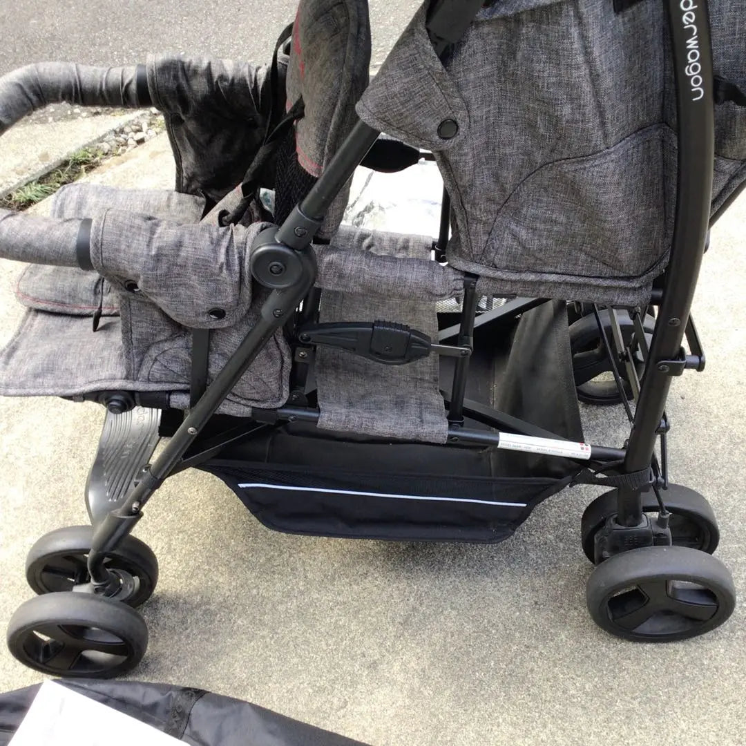 kinderwagon 2-seater stroller, grey, with storage bag