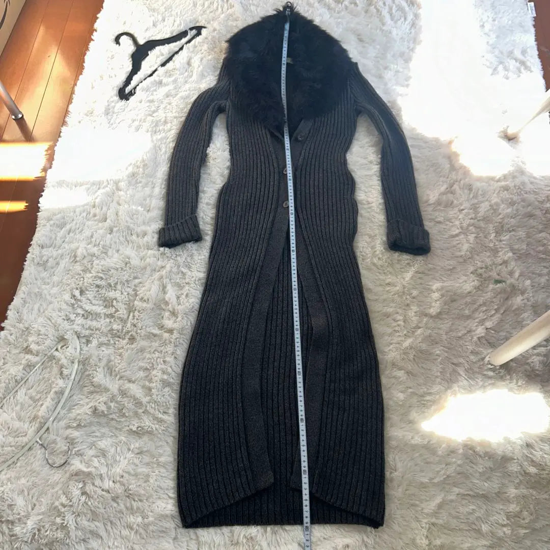 [Good condition] Dark gray knit long coat with fur collar