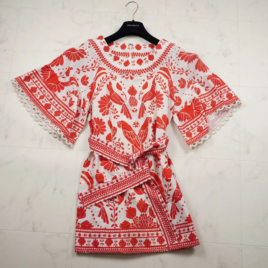 FARM Dress White Red XS Size All-over Pattern Mini Dress