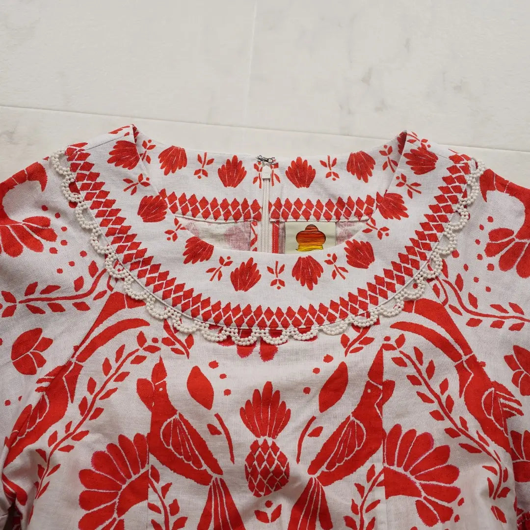 FARM Dress White Red XS Size All-over Pattern Mini Dress