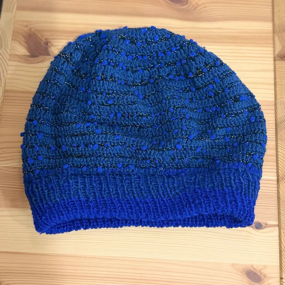 Blue glitter yarn knit hat handmade