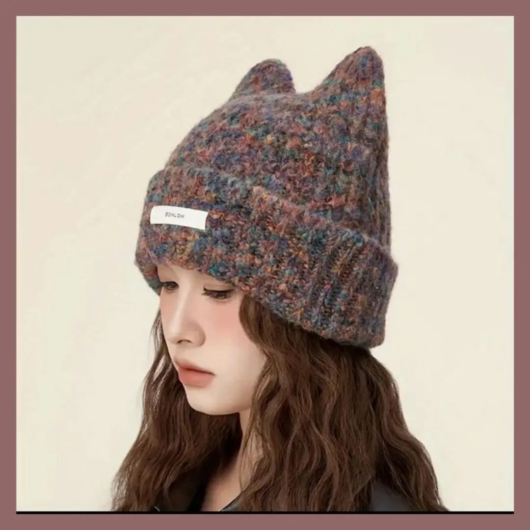 ☆New☆ Knitted hat, cat ears, brown marble, one-point chic