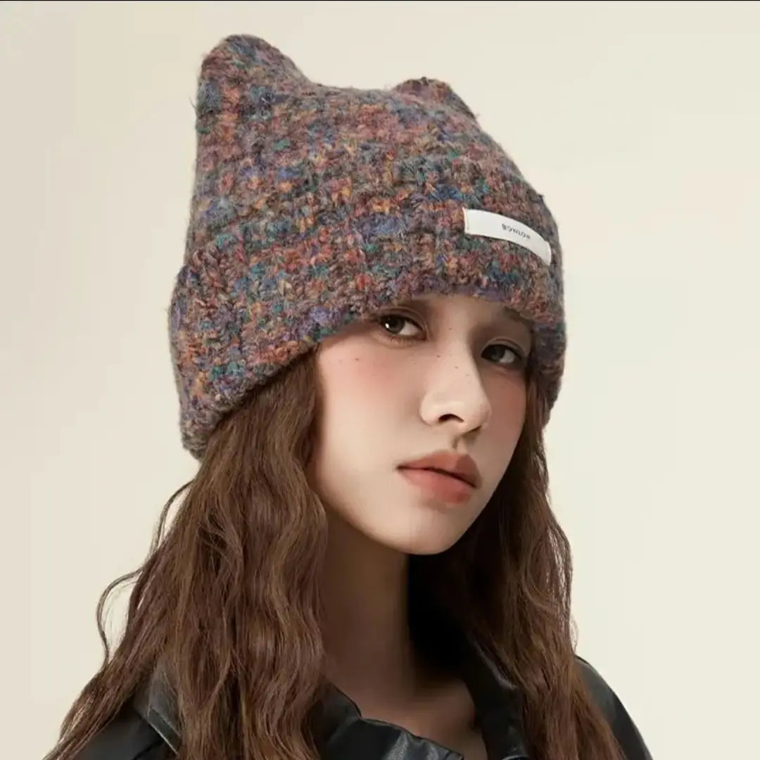 ☆Nuevo☆ Gorro de punto, orejas de gato, mármol marrón, un punto elegante