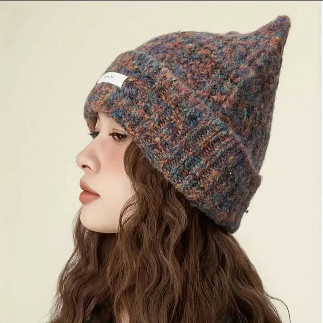 ☆New☆ Knitted hat, cat ears, brown marble, one-point chic