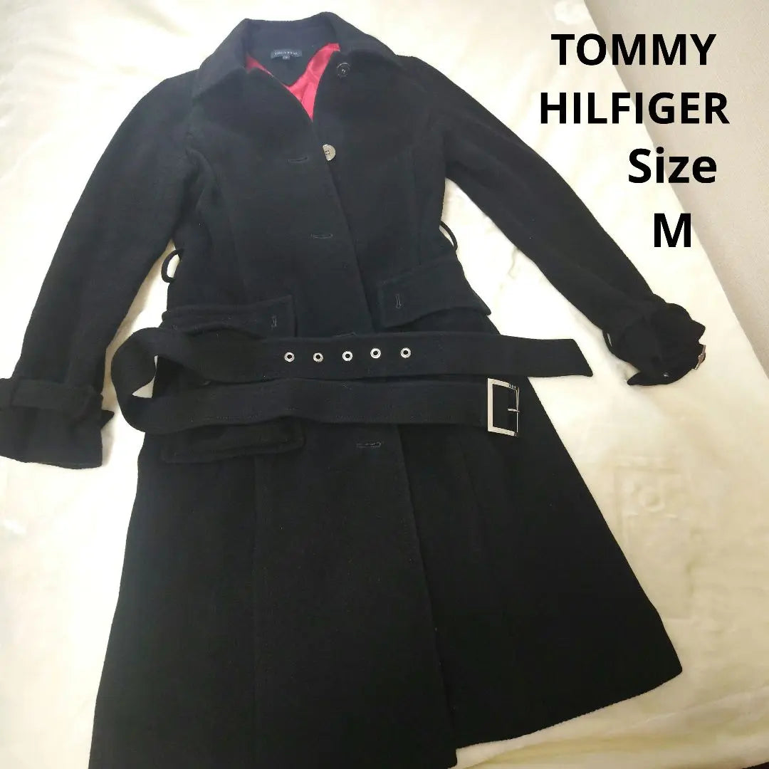 [Stylish☆TOMMY HILFIGER] Black, red, angora blend, coat, size M