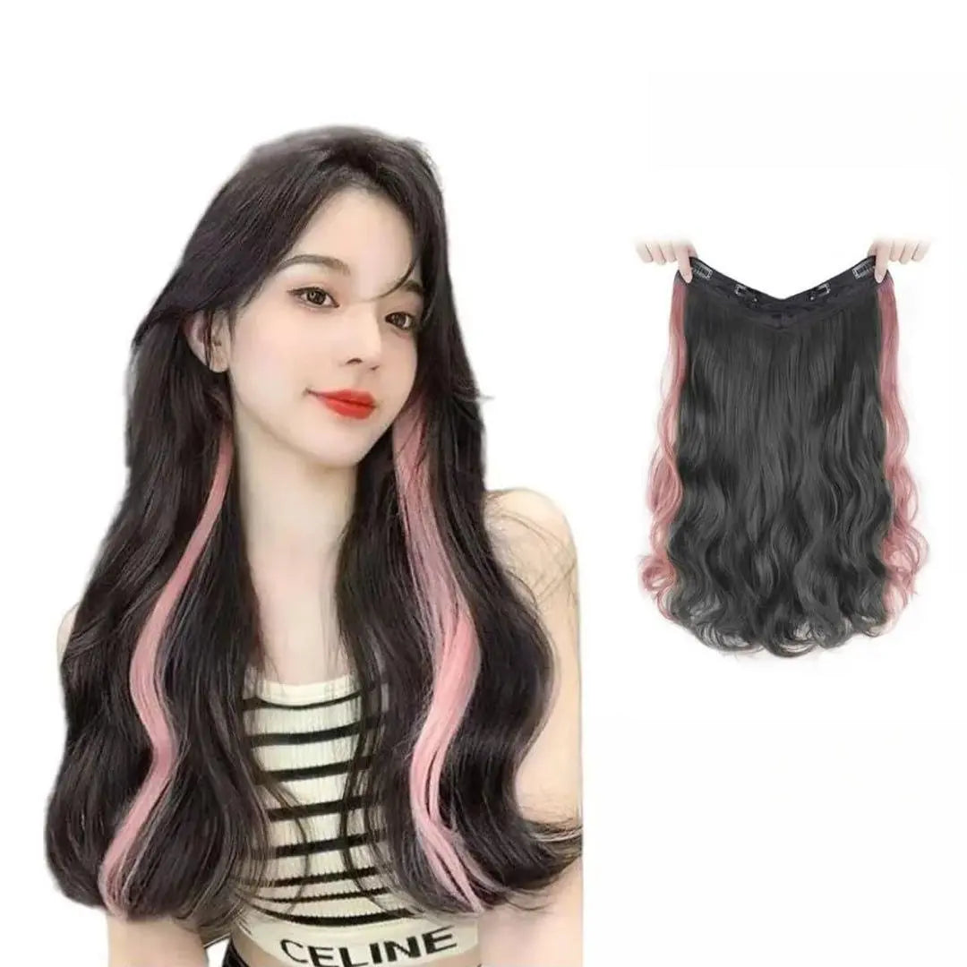 Extensions, neck wig, neck extensions, curly hair, 50cm, dark brown, pink