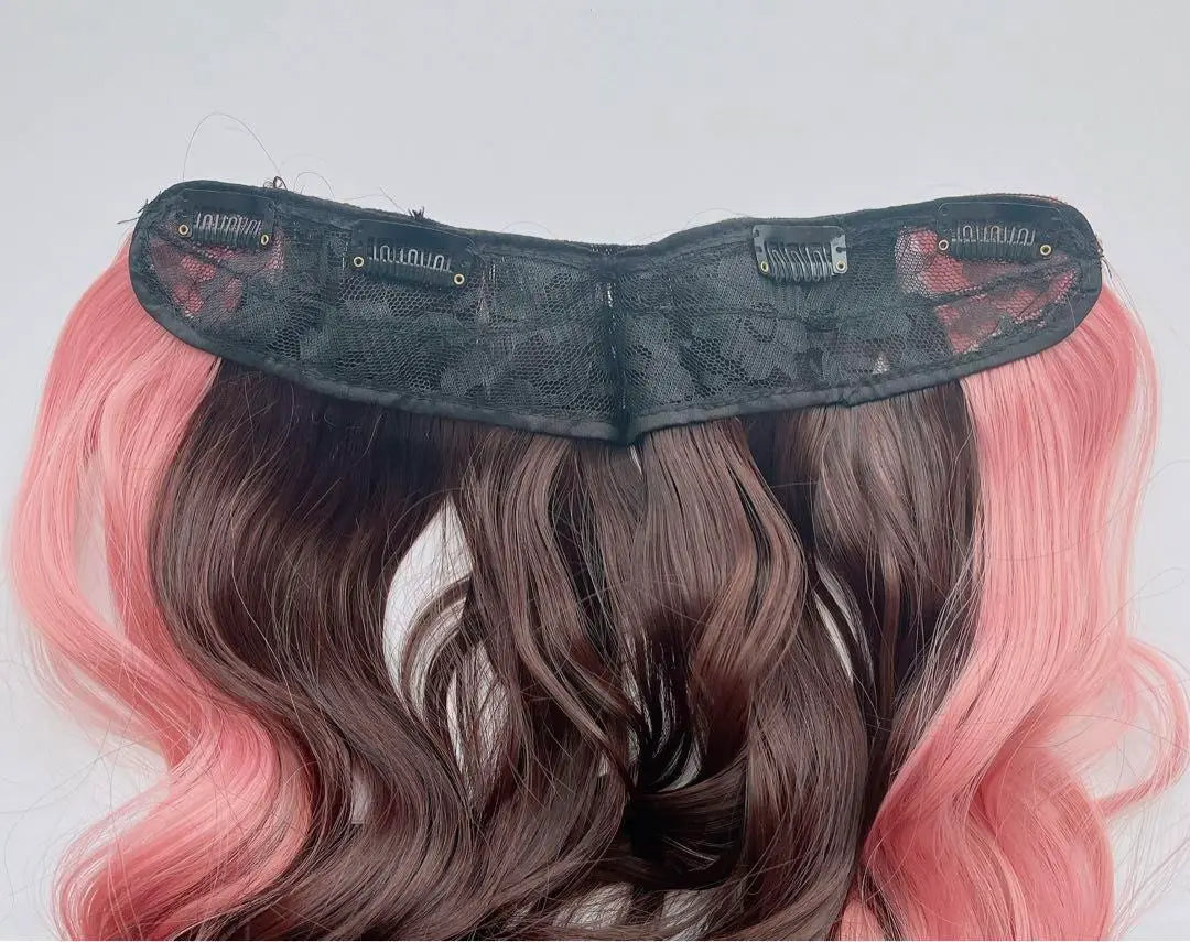 Extensions, neck wig, neck extensions, curly hair, 50cm, dark brown, pink