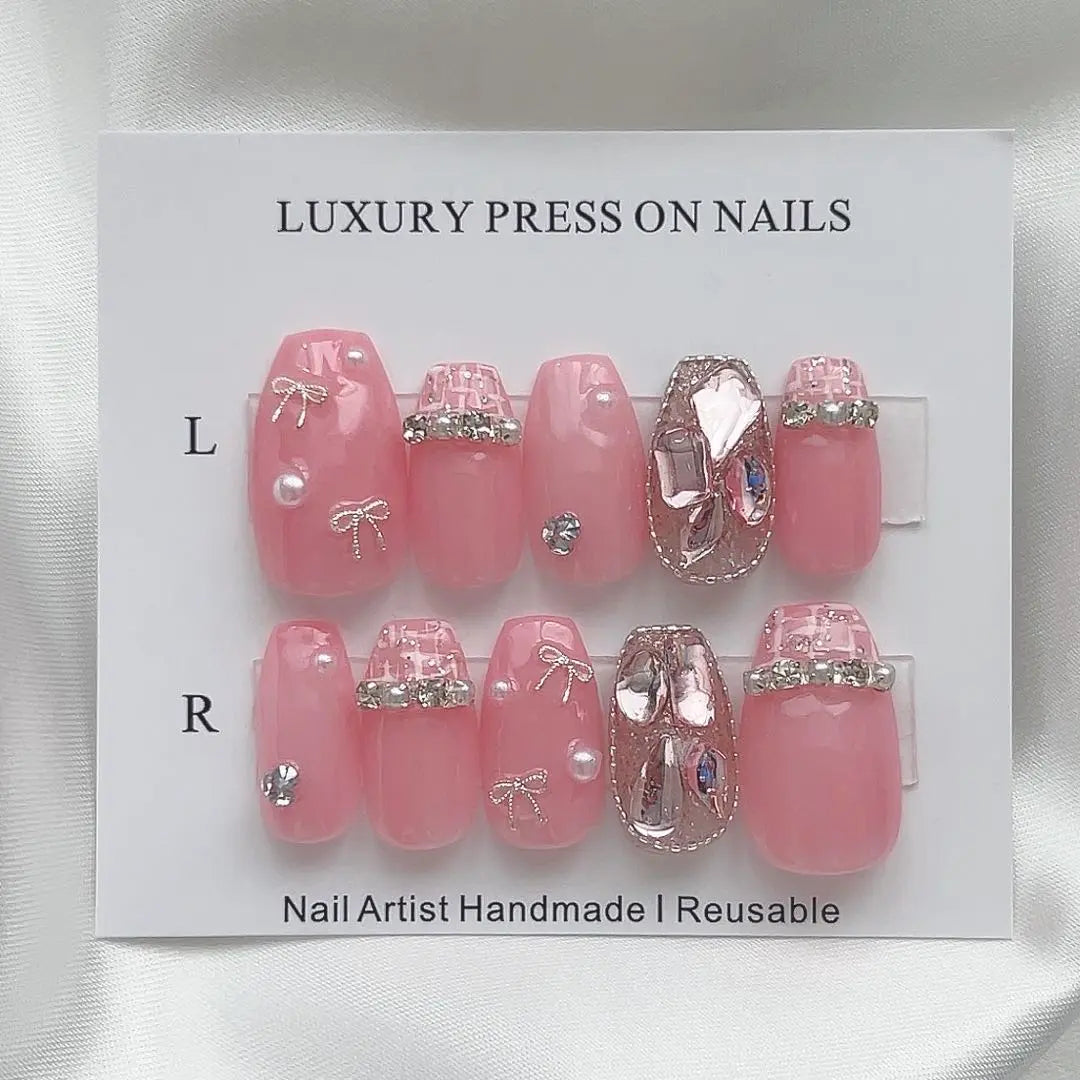 Tweed nails, Nail tips, Girly French, Ribbon, Wanhong, Korea, Actual product