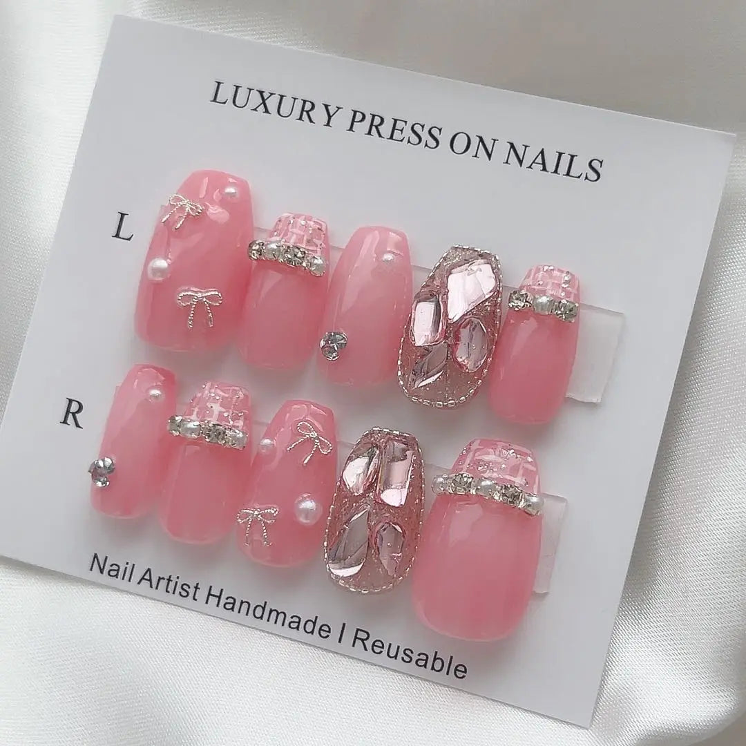 Tweed nails, Nail tips, Girly French, Ribbon, Wanhong, Korea, Actual product