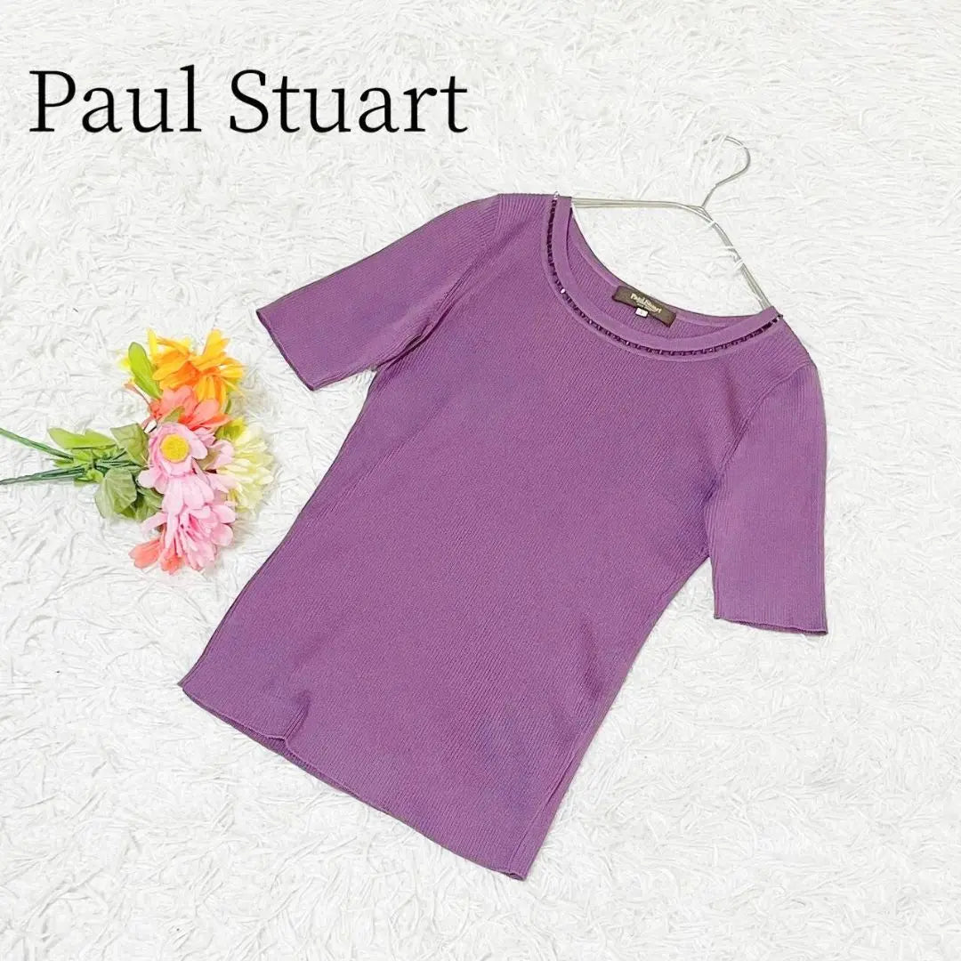 [Paul Stuart] Jersey de punto acanalado de manga corta con cuello en U elástico para adultos lindo liso hermoso