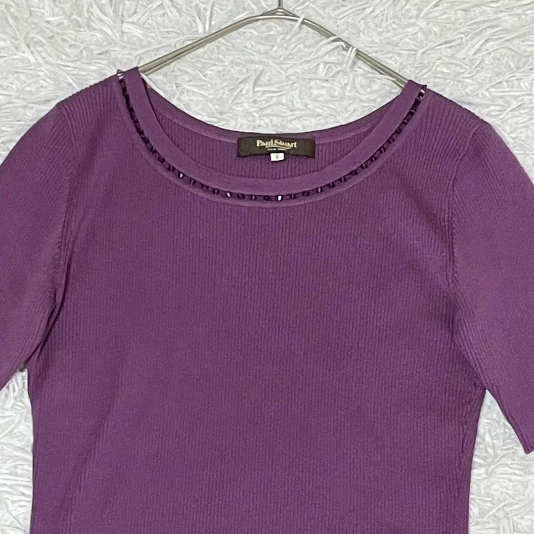 [Paul Stuart] Short-sleeved rib knit U-neck stretchy adult cute plain beautiful