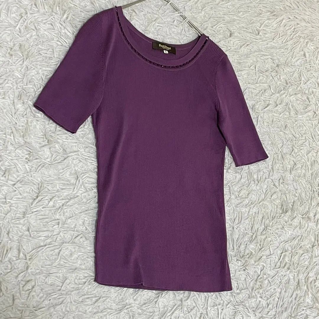 [Paul Stuart] Short-sleeved rib knit U-neck stretchy adult cute plain beautiful