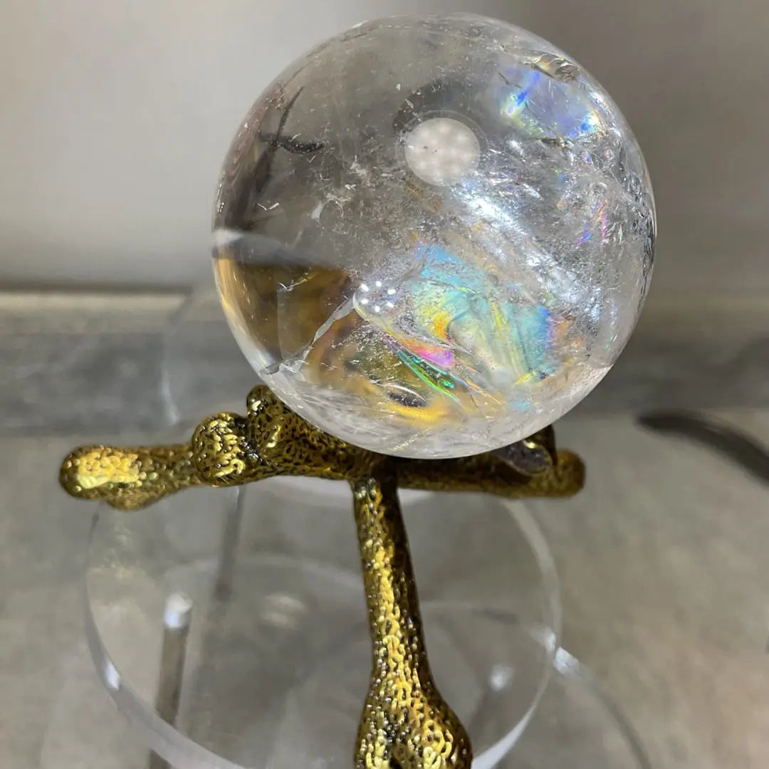 T853-1 Irisk - Juego de pedestal de metal con esfera de cristal arcoíris de cuarzo y hueso, piedra natural