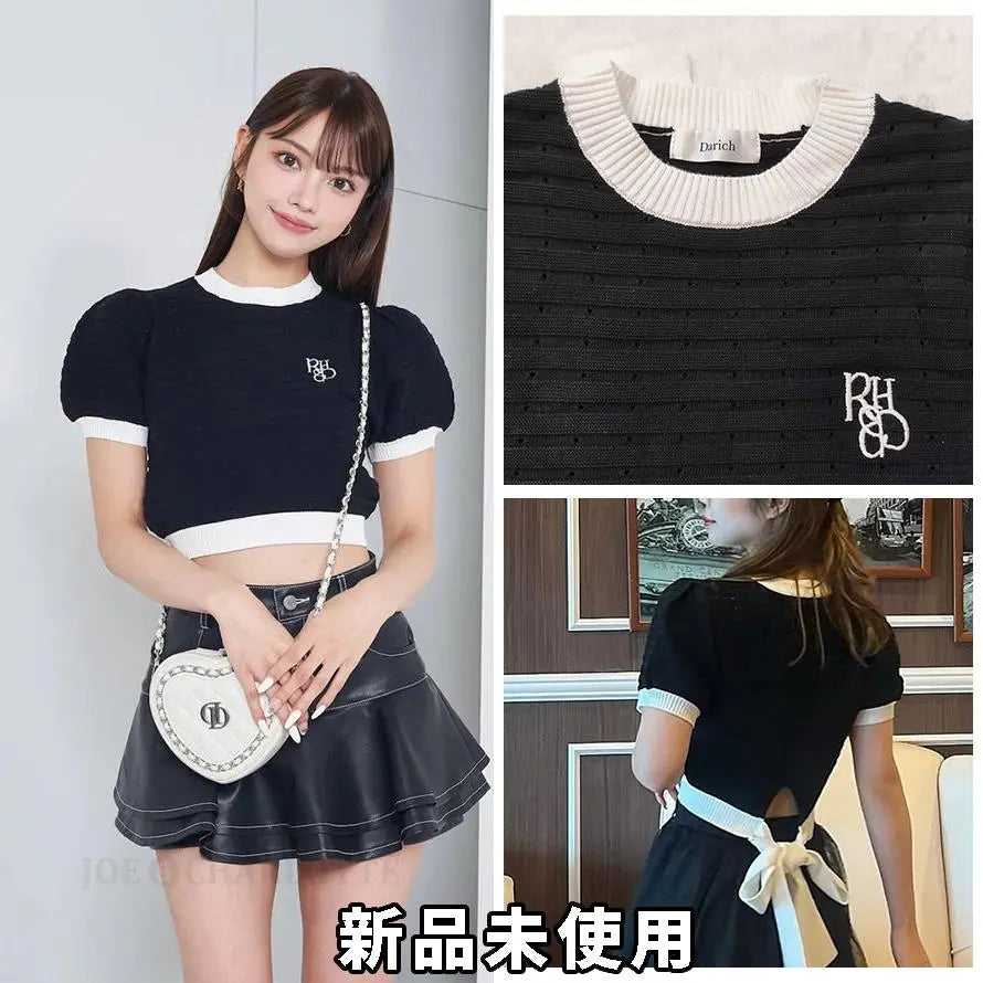 Darich DARICH Back Ribon Puff Shor Knit Tops T -shirt BLK