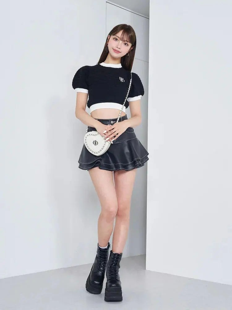 Darich DARICH Back Ribon Puff Shor Knit Tops T -shirt BLK