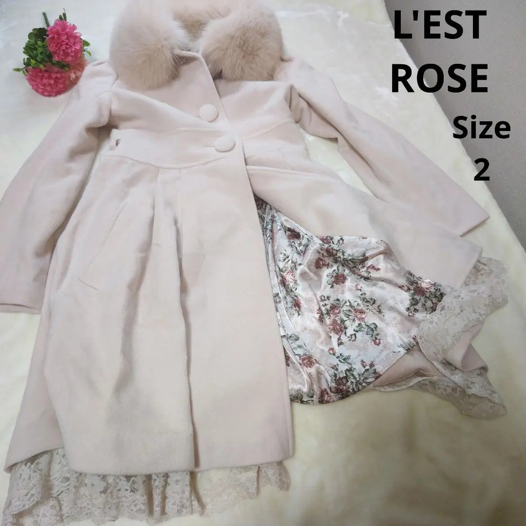 [Stylish☆L'EST ROSE] Ivory fox coat, floral pattern, size 2