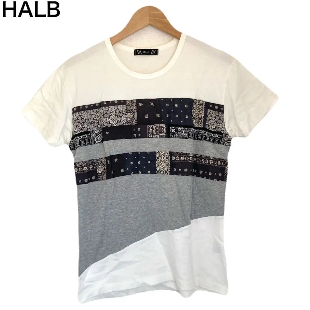 Camiseta HALB Manga Corta Hombre Blanco Diferentes Materiales Estampado Total M | HALB Tシャツ 半袖 メンズ ホワイト 異素材 総柄 M