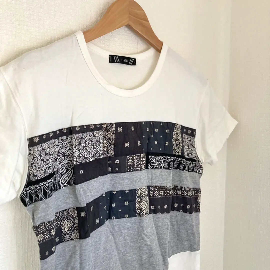 Camiseta HALB Manga Corta Hombre Blanco Diferentes Materiales Estampado Total M | HALB Tシャツ 半袖 メンズ ホワイト 異素材 総柄 M