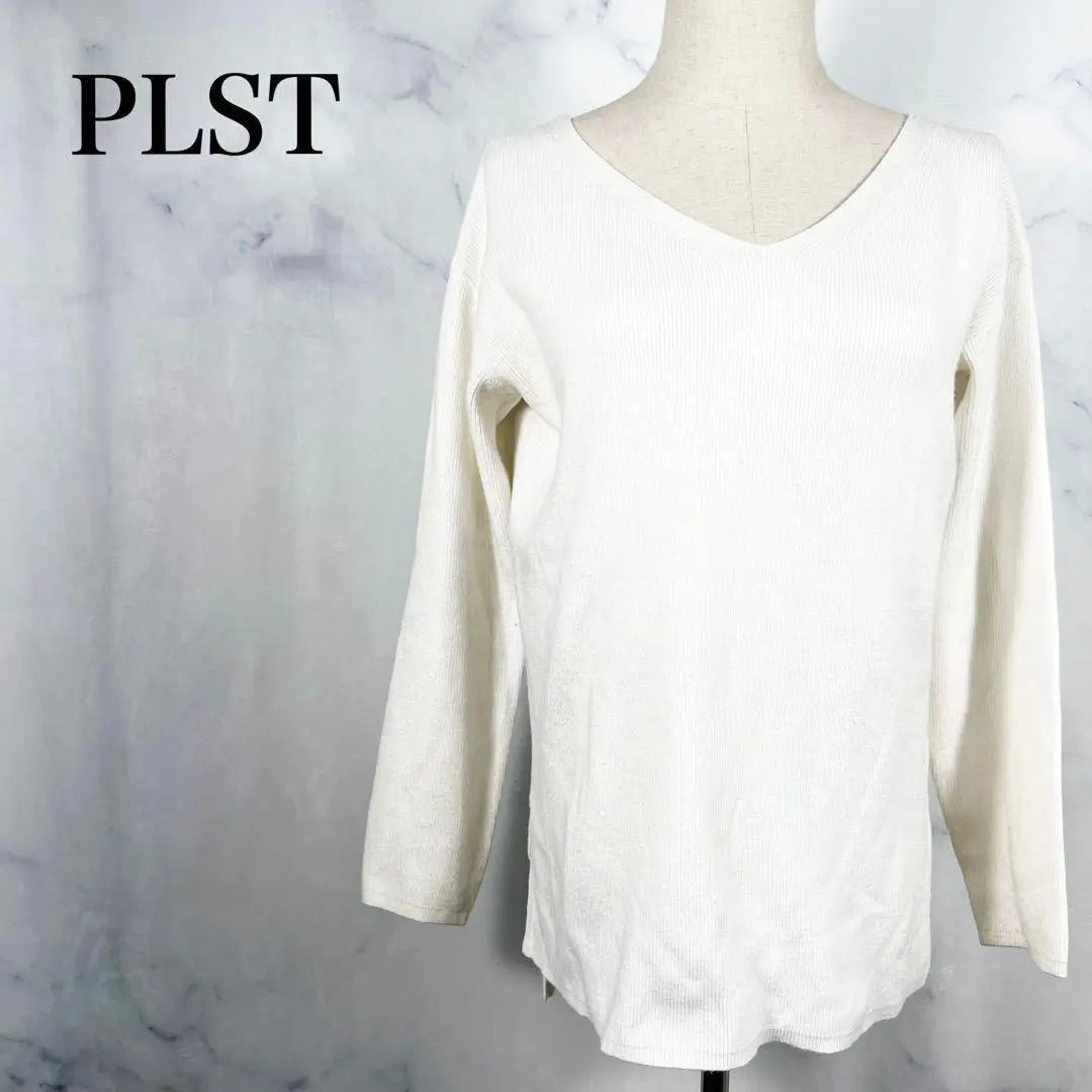 ★ Plus V Neck Long Sleeve Rib Cut Saw White White M