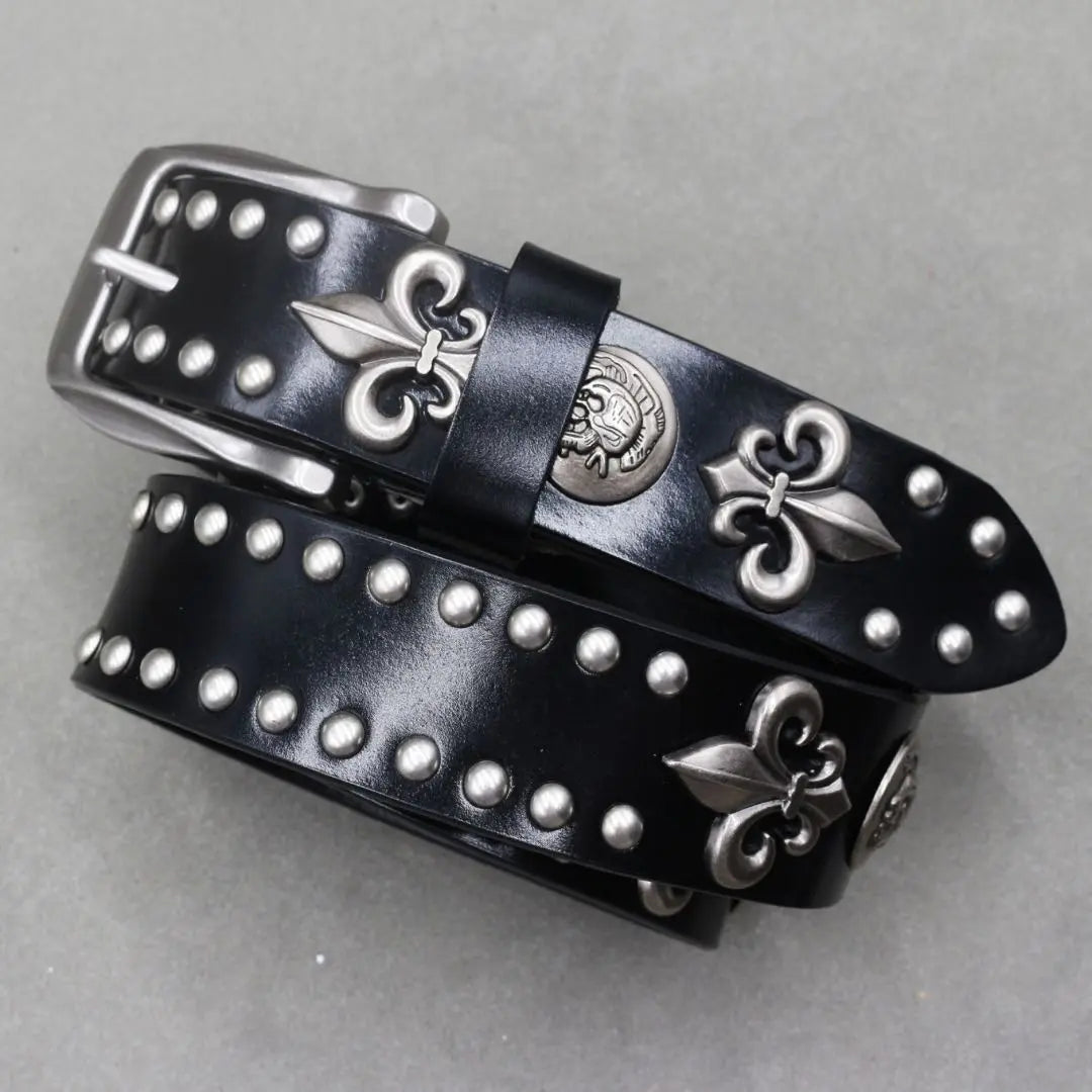 Genuine leather belt lily crest rock punk Y2K fashion black black