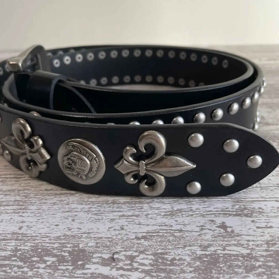 Genuine leather belt lily crest rock punk Y2K fashion black black