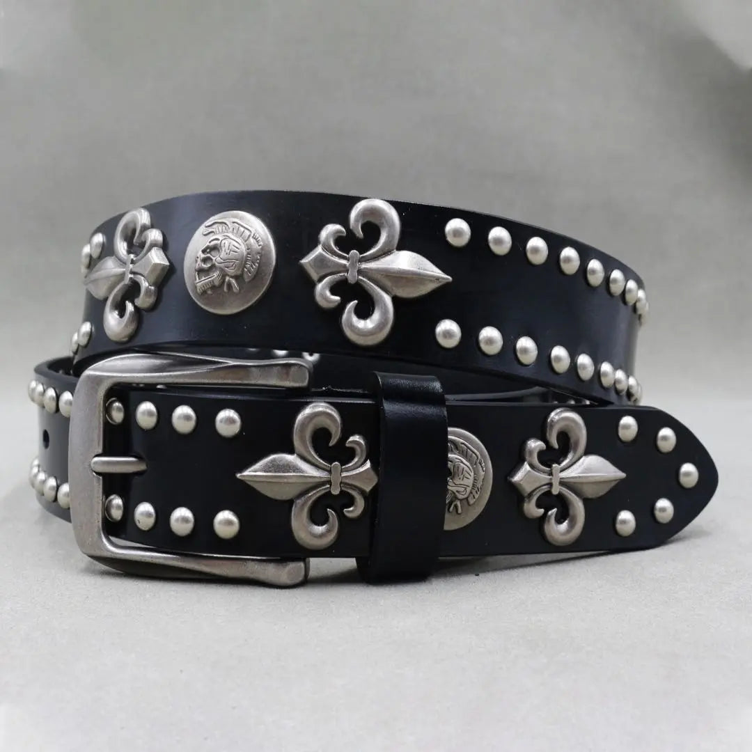 Genuine leather belt lily crest rock punk Y2K fashion black black