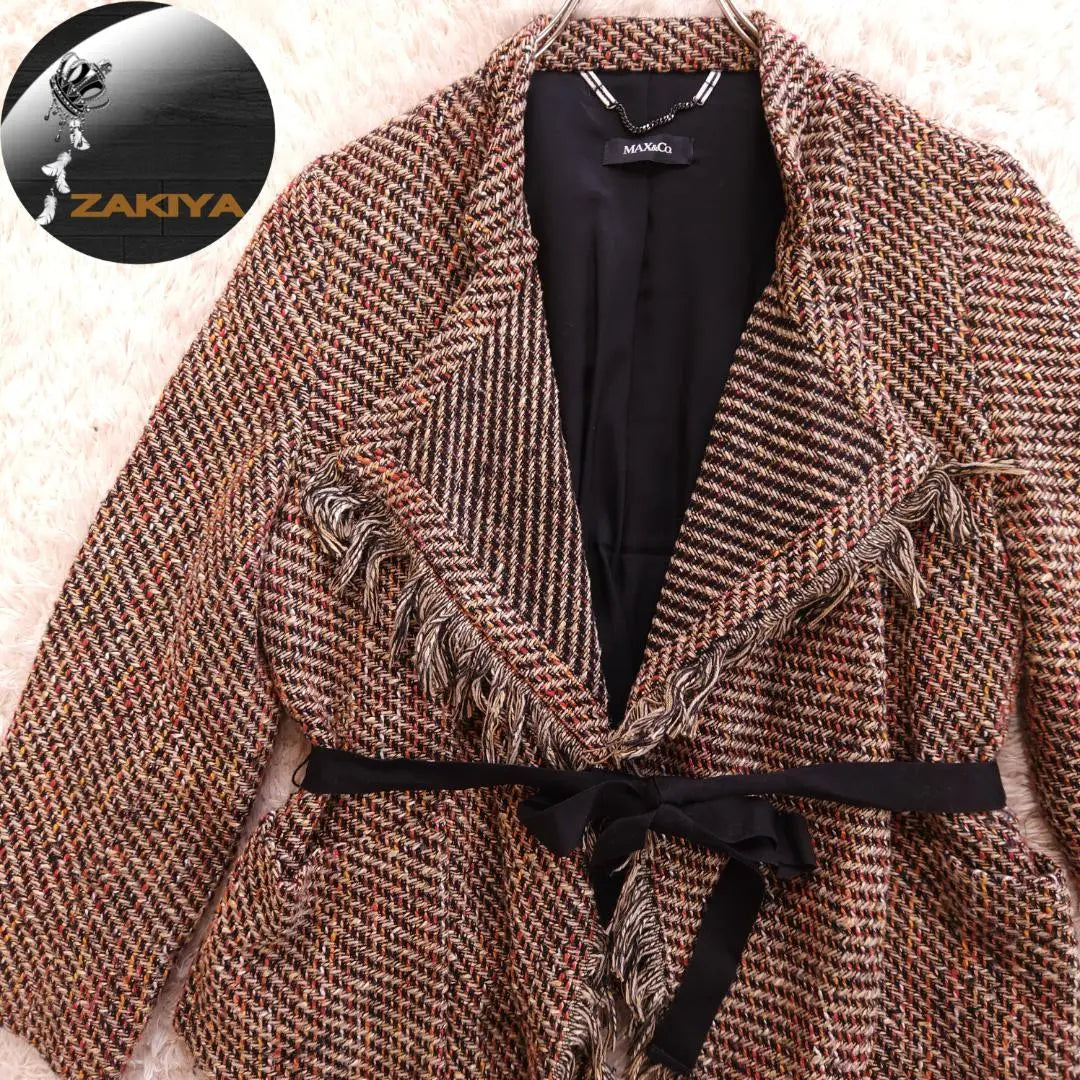 MAX & Co Tweed Jacket Ribbon Belt Fringe Beige 40