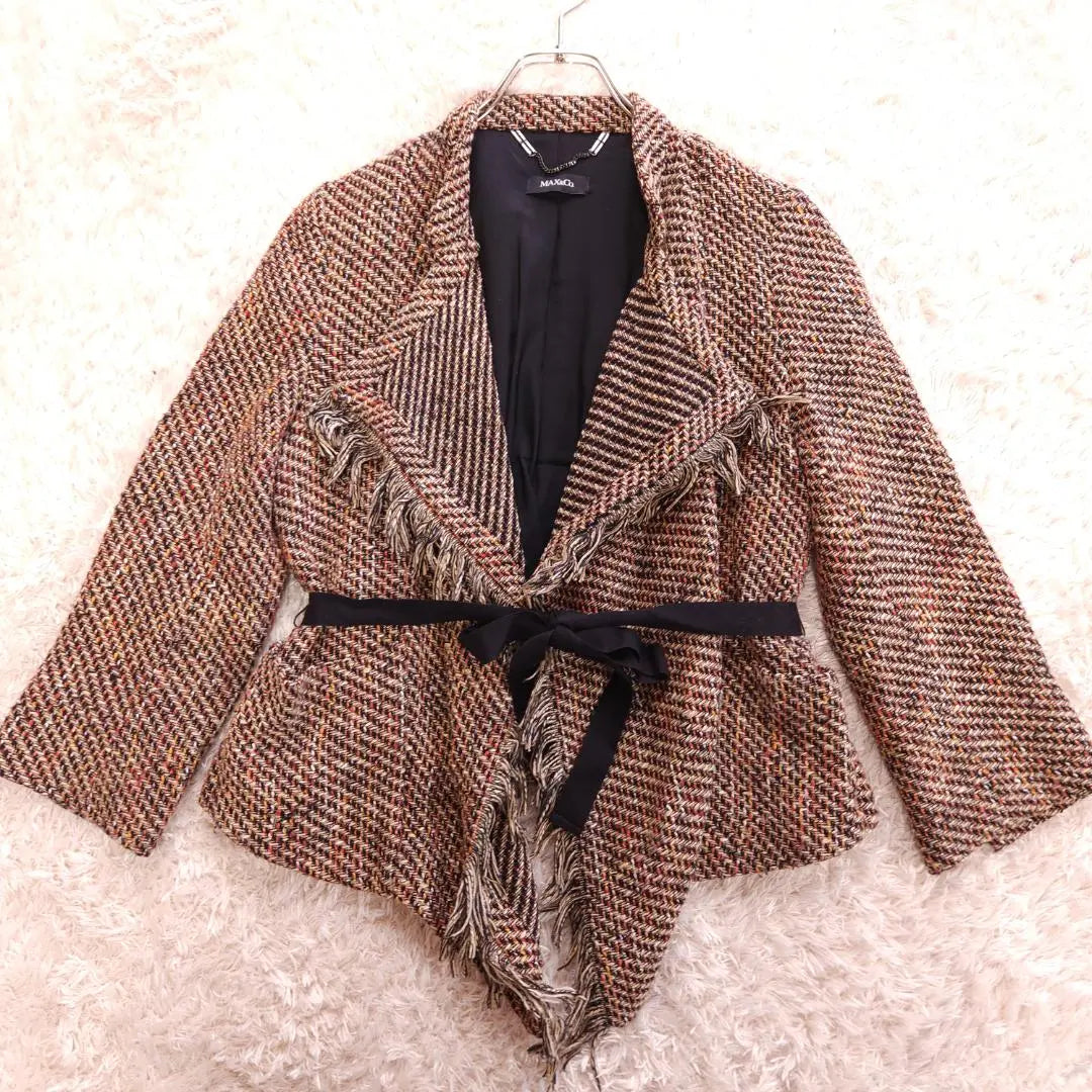 MAX & Co Tweed Jacket Ribbon Belt Fringe Beige 40