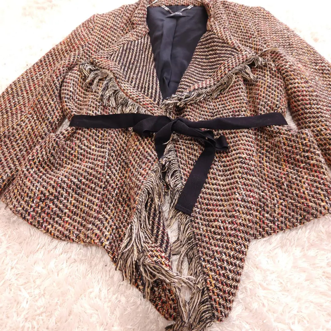 MAX & Co Tweed Jacket Ribbon Belt Fringe Beige 40