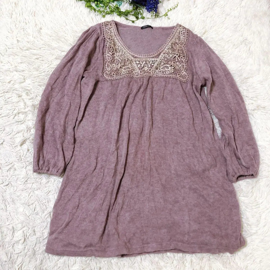 [Sold out model] Mini lace decorative balloon sleeve long sleeve knit tunic | 【完売モデル】ミニヨン　レース装飾 バルーンスリーブ 長袖ニット チュニック