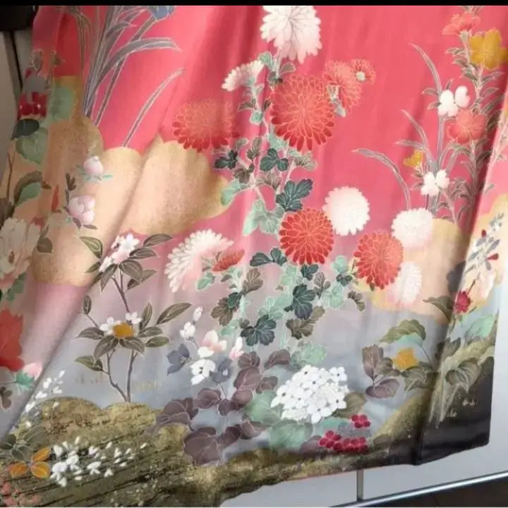 Kimono furisode, seda pura, 1 millón de yenes, rosa, patrón clásico, artículo hermoso, ceremonia de mayoría de edad, boda, fiesta