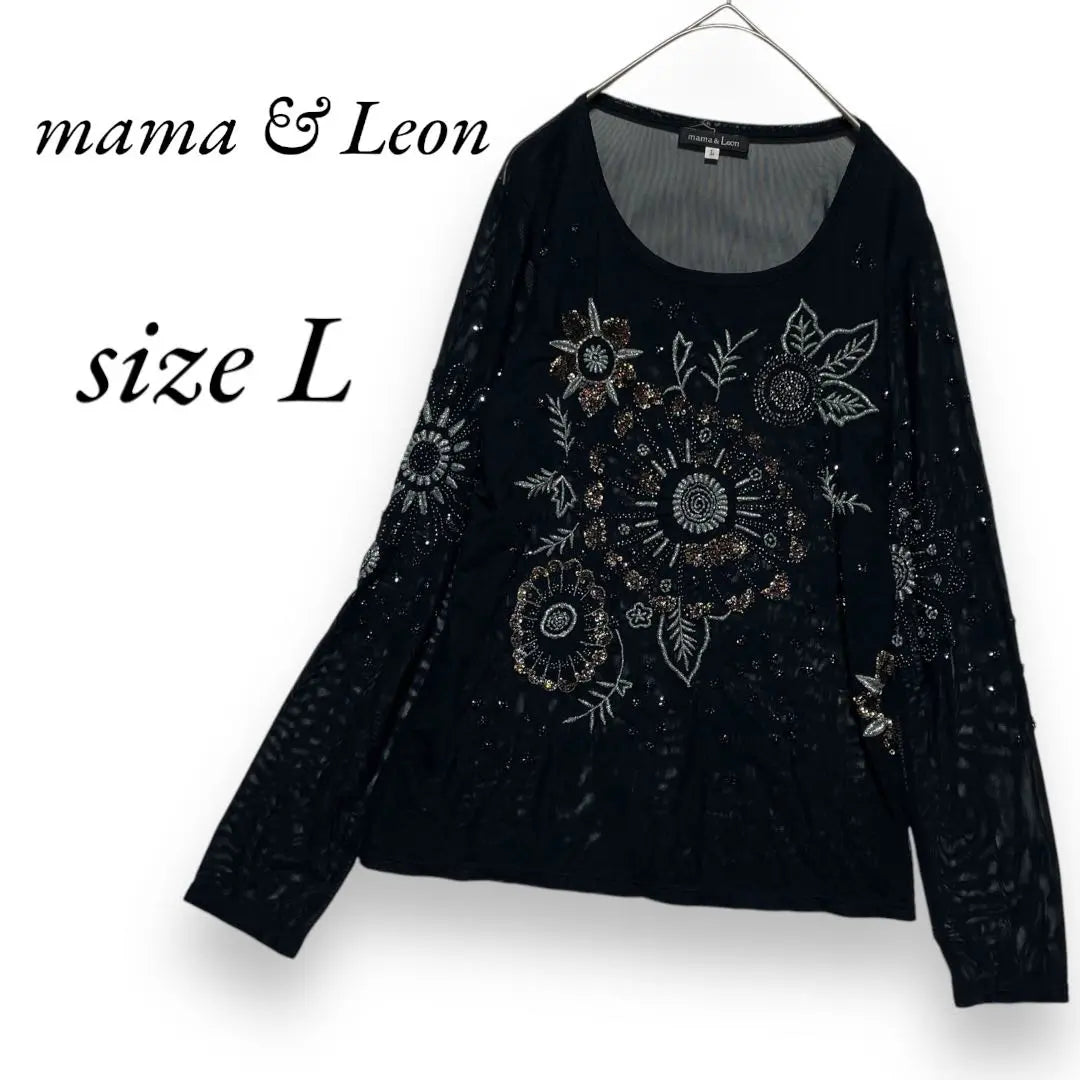 mama & Leon [L] Long sleeve cut and sew bijou design, see-through black, individuality