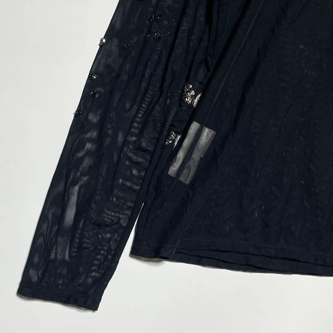 mama & Leon [L] Long sleeve cut and sew bijou design, see-through black, individuality