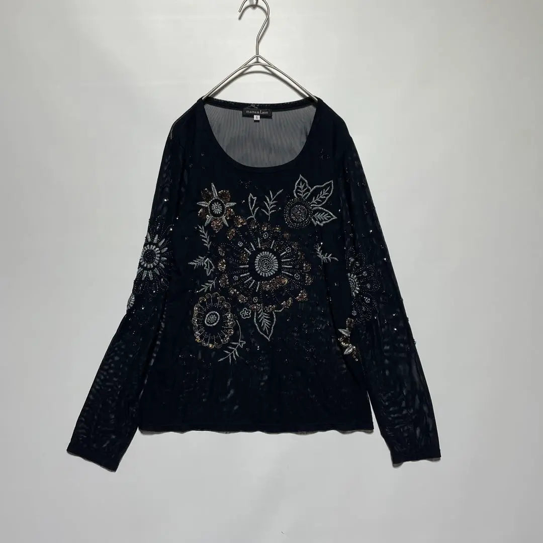 mama & Leon [L] Long sleeve cut and sew bijou design, see-through black, individuality