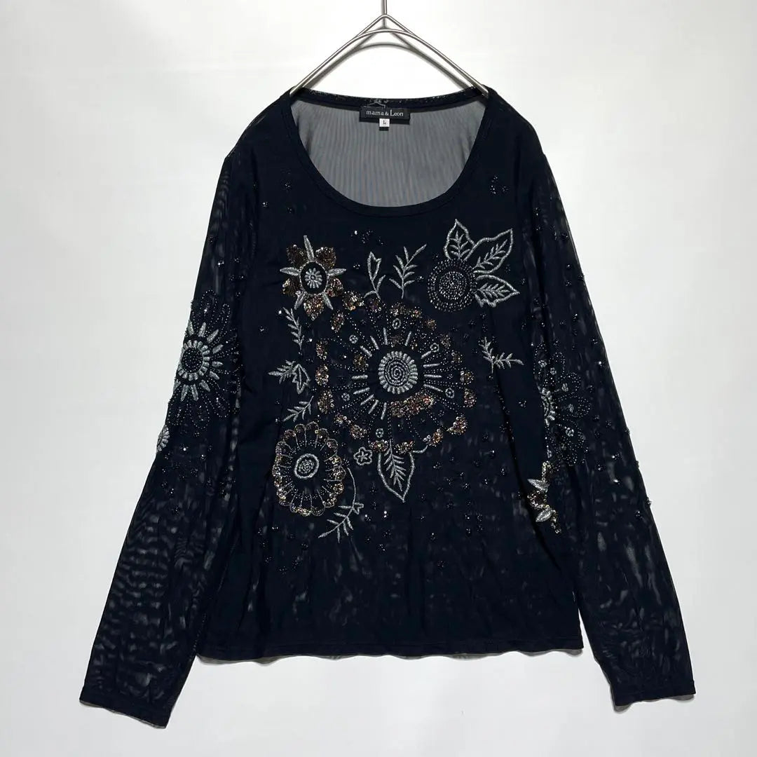 mama & Leon [L] Long sleeve cut and sew bijou design, see-through black, individuality